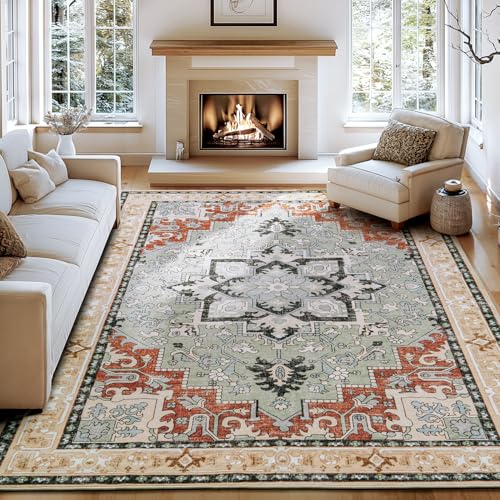 Lofus 9x12 Area Rugs for Living Room, Machine Washable Area Rug, Soft Large Rugs for Bedroom, Kitchen, Office and Indoor, Vintage Boho Carpet, Non-Slip Low Pile Carpets, Beige Orange