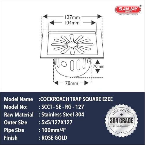 Image of Square Ezee SS Floor Drain Cockroach Trap Colour Collection for Bathroom Gratings 304 Grade Kitchen Washbasin Sink Waste Water Drainer in Washroom & Toilet (Rose Gold 5 x 5 INCH)