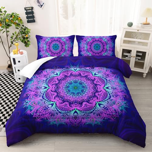 Image of AILONEN Bohemian Mandala Pattern Comforter Set Queen Size, Vintage Pattern Bedding Set for Kids Girls Boys,Purple Bed in a Bag,3 Pieces, 1 Quilt and 2 Pillowcases