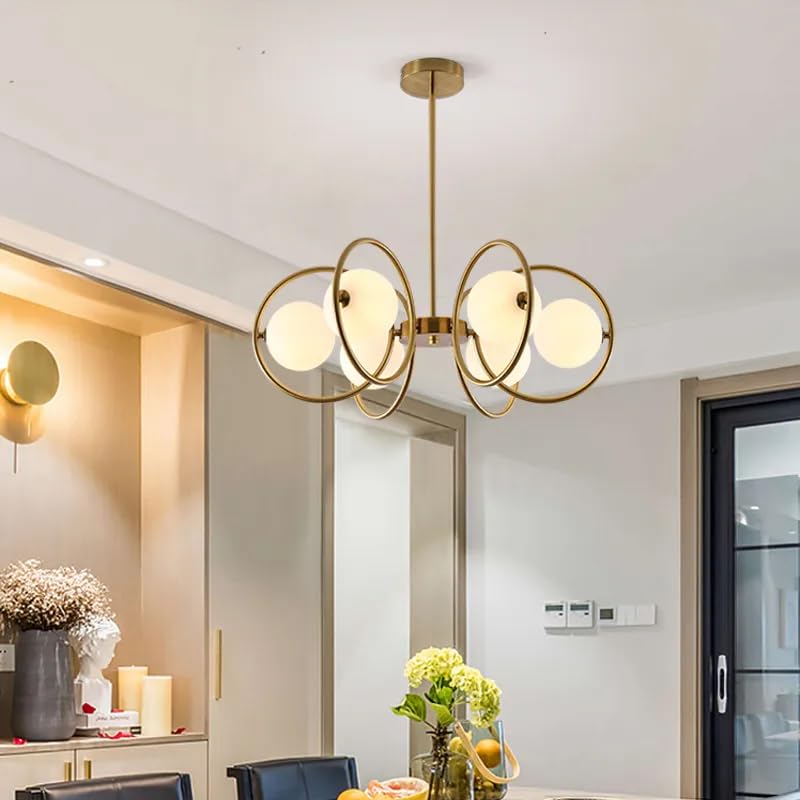 Image of WOKE Mid Century Modern 6 Light Chandelier Gold Plating Ceiling Light Contemporary 6 Rings Glass Globe Hanging Ceiling Lamp Interior Bedroom Living Room Kitchen Decor Lighting Fixture