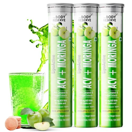 Image of The Body Reserve ACV Moringa Effervescent Tablets - Apple Cider Vinegar, Cinnamon, Moringa, Pomegranate | Supports Metabolism, Cravings, Digestion & Immunity | Green Apple Flavor | Pack of 3 (45 Tablets)