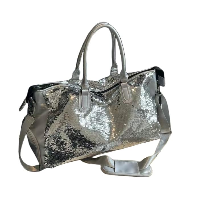Sequin Duffel Bag with Shoe Compartment, Travel Gym Bag with Shoulder Strap,Reversible Sequin Girl Dance Duffle Bag, Weekend and Travel Bag with Adjustable Carry On and Handy Pouch (Silver)
