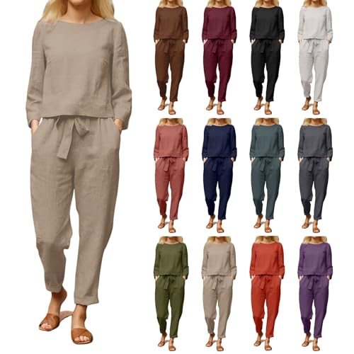 Conjuntos coordinados para mujeres UK, conjuntos de 2 piezas, lino sólido, tops cortos de manga larga, ajuste holgado, cuello redondo, tops de verano y pantalones de pierna ancha con bolsillos