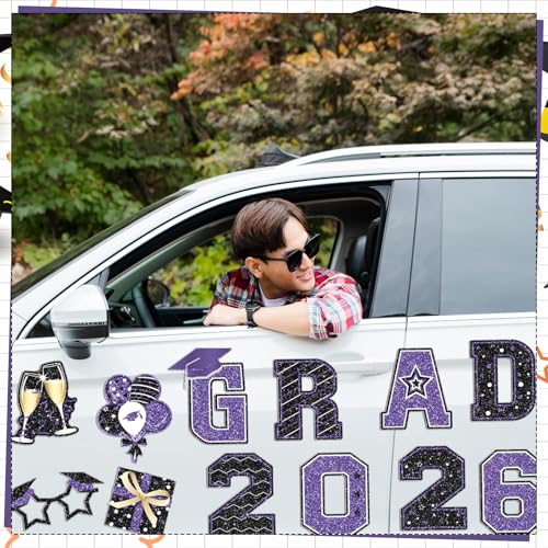 Image of Landhoow 30 Pcs Graduation Car Magnets 2026 Senior Graduation Car Decoration Bumper Sticker Congrats Grad Magnet Magnetic Refrigerator Decal for Grad Parade Party Supplies(Purple, Black)