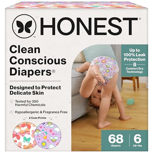 The Honest Company Clean Conscious Diapers for Sensitive Skin, Up to 100% Leakproof Hypoallergenic Fragrance-Free Baby Diapers, Girl Prints, Super Club Box, Size 6 (35+ lbs), 68 Count (Prints Vary)