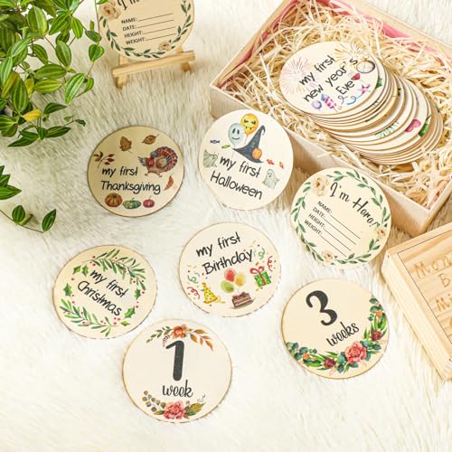 Image of Wesiti 31 Pcs Wooden Baby Monthly Milestone Cards Double Sided Hello World Milestone Discs Pregnancy Journey Birth Announcement Sign Baby Boy and Girl Sets (Vivid)