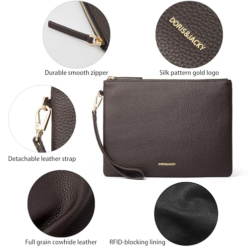 Image of DORIS&JACKY Women Leather Clutch Purse and Phone Wallet with Wristlet Strap | Soft Designer Evening Party Bag, Thin Slim RFID Blocking Cellphone Pouch Case, Formal Casual Handheld Premium Little Purse