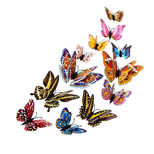Kalmstore 12 PCS 3D Colorful Butterfly Wall Stickers DIY Art Decor Crafts for Party Cosplay Wedding Offices Bedroom Living Room Magnets and Glue Sticker Set (Multicolor)