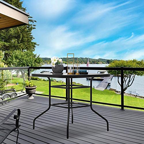 Finefind 32" x 32" Outdoor Dining Table Tempered Glass Table Patio Bistro Table Top Umbrella Stand Square Table Deck Outdoor Furniture Garden Table, Dark Chocolate