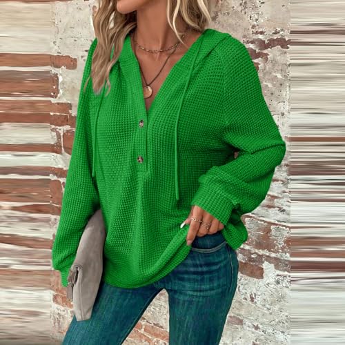 Hoodies for Women Oversized Waffle Knit Long Sleeve Button Down Shirt V Neck Crochet Tunic Pullover Sweaters Tops3