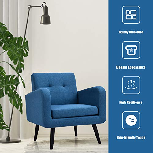 Giantex Upholstered Accent Chair, Modern Mid Century Linen Fabric Living Room Chair With Arms, Max Load 265 Lbs, Comfy Tufted Single Sofa For Reading, Bedroom, Office, Club, Blue #TOP2