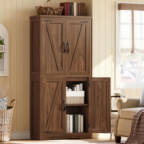 Image of TEENFON 58 inch H Storage Cabinet with Adjustable Shelf, Kitchen Cabinet with 4 Doors, Farmhouse Pantry Cabinets, Cupboard for Kitchen, Bathroom, Living Room, Walnut