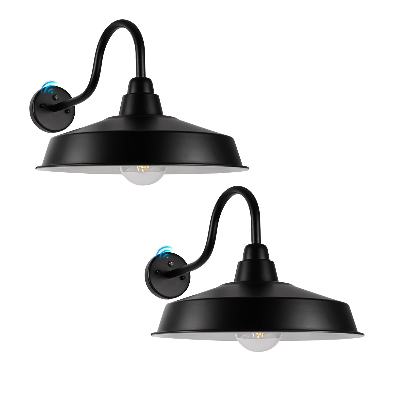 Diyel Dusk to Dawn Gooseneck Barn Light Outdoor, 16 Inch Dome Large Farmhouse Exterior Light Fixture Wall Mount, Industrial Outdoor Wall Sconce Outside for House, Shop, Porch, Garage, Black, 2 Pack