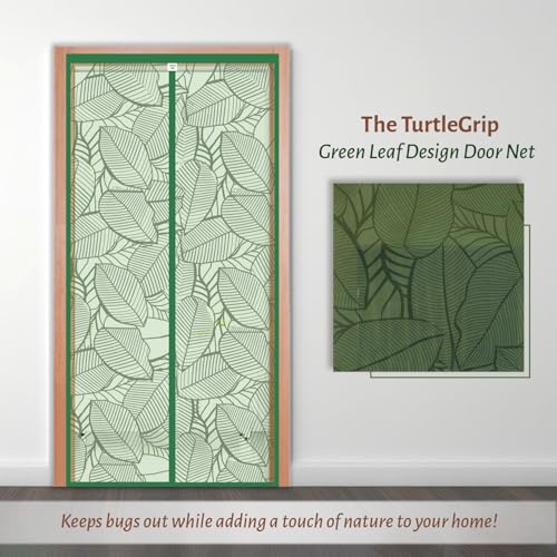 Image of TurtleGrip Magnetic Door Mosquito Net Curtain with New Leaf Design | Full Frame Hook & Loop for Main, Bedroom, Kitchen & Balcony Doors (210x105 cm, Forest Green) | Measure Before Ordering
