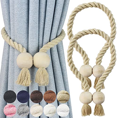 Image of Nieffeiy 2 Pack Magnetic Curtain Tiebacks Cotton Hand Woven Tie Back Decorative Rope Holdbacks for Curtains Draperies No Tools Required, Dark Beige