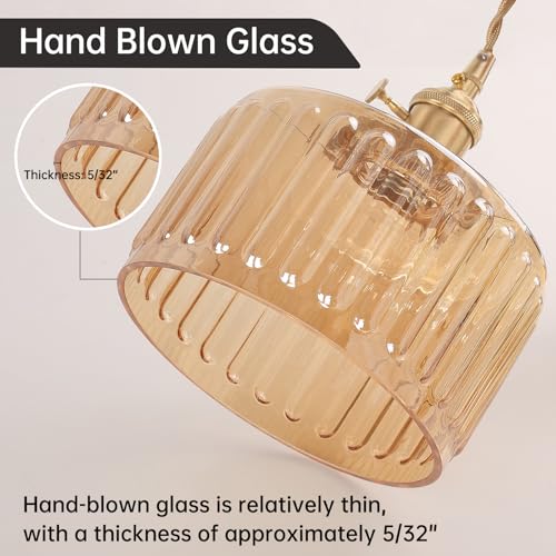 Image of Shenmoyl Plug in Pendant Light Hanging Light Fixtures with Plugin Cord On /Off Switch,Amber Striped Glass Lampshade Brass Pendant Light