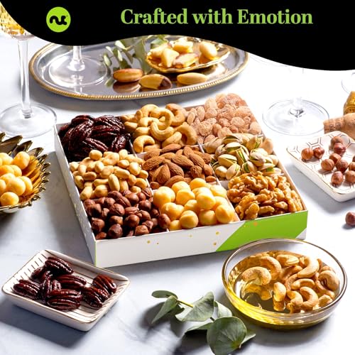 NUT CRAVINGS - Valentines Day Mixed Nuts Gift Basket in White Gold Box (9 Assortments) Treats for Adults, Food Arrangement, Healthy Snack Care Package, Kosher