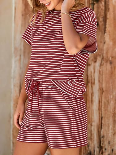 Image of Tankaneo Womens Pajama Sets Striped 2 Piece Lounge Sets Short Sleeve Oversized T Shirts Drawstring Shorts Matching Set