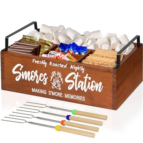 Wooden S'mores Station, S'mores Caddy Bar Holder with Handles for Counter, Farmhouse Smores Serving Tray for Kitchen, Smores Maker Box Tabletop for Smores Kit, Camping Decor Smores Supplies Container