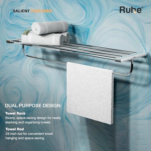 Image of Ruhe 24 Inch Aurum Bathroom Towel Rack /Towel Holder /Towel Stand | Wall Mounted Shelf with Hanging Rod, Durable Metal with Chrome Finish