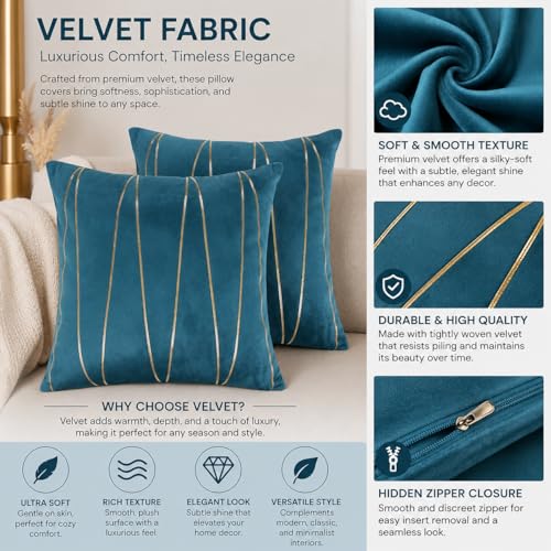 Image of Amazon Brand - Umi Gold Leather Striped Pack of 2 Throw Pillow Covers Velvet Decorative Cushion Covers Cases for Sofa Bedroom Livingroom Car 24 x 24 in Deep Teal Color