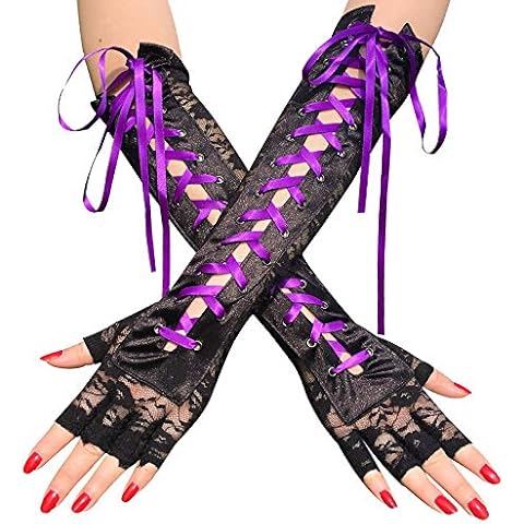 JISEN Womens Fingerless Gloves Elbow Lace Up steampunk Costume Arm Warmer Nylon Purple Cover
