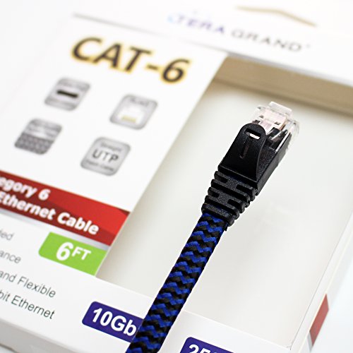 Tera Grand - 6 Ft Cat6 10 Gigabit Ethernet Ultra Flat Braided Network Cable, Black/Blue, Computer Internet Lan Cable With Snagless Rj45 Connectors (6 Feet) #TOP5