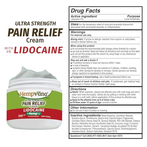 Image of Hempvana Cream, Ultra Strength Lidocaine Relief of Sore Muscles, AS SEEN ON TV, Achy Knees, and More. Odor-Free & Enriched with Hemp Seed Oil