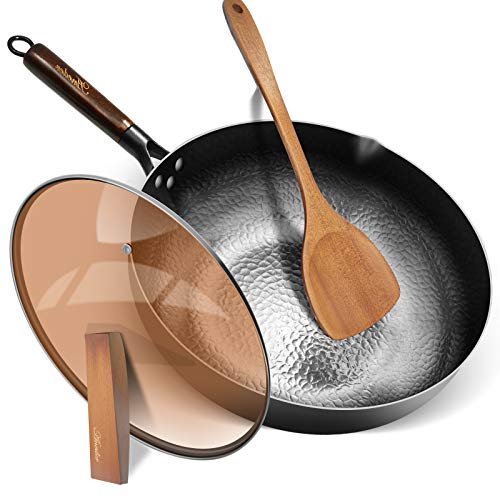 Fry Pan with LidAneder Wok Pan Carbon Steel Wok with Detachable Wooden Handle Wood Spatula Iron Pot 125 Frying Pan for Electric Induction Gas Stoves Oven Safe