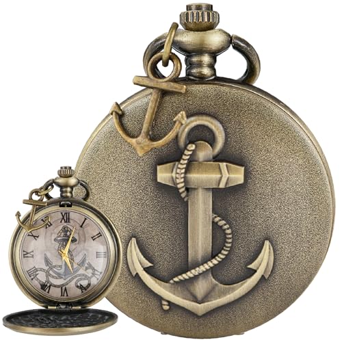 Image of Tiong Pocket Watch Anchor Pattern Design Roman Numerals Quartz with Chain Birthday Gifts