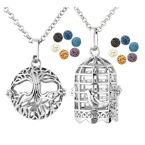 Top Plaza Aromatherapy Essential Oil Diffuser Necklace Antique Silver Tree of Life Bird Cage Locket Pendant Necklace W/12 Dyed Lava Stones