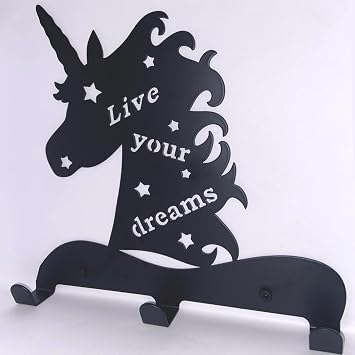 Unicorn Wall Hooks Decor for Girls Bedroom- Kids Coat Rack Wall Mount for Hanging Backpacks, Purses, Jewelry, Coats and Towels | Kids Wall Hooks Decor for Girls | Metal Screws Included Black