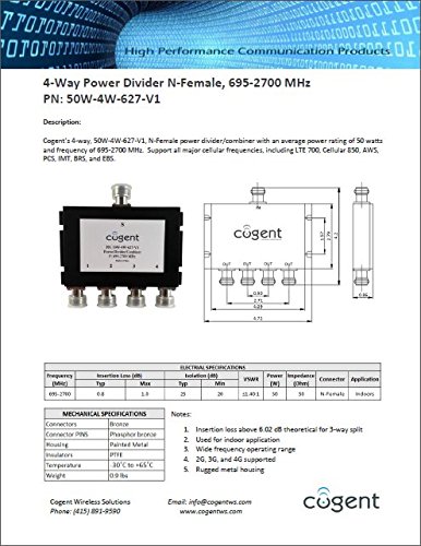 Cogent’s 4-way power splitter with N type female 50 Ohm connectors supporting 695-2700 MHz