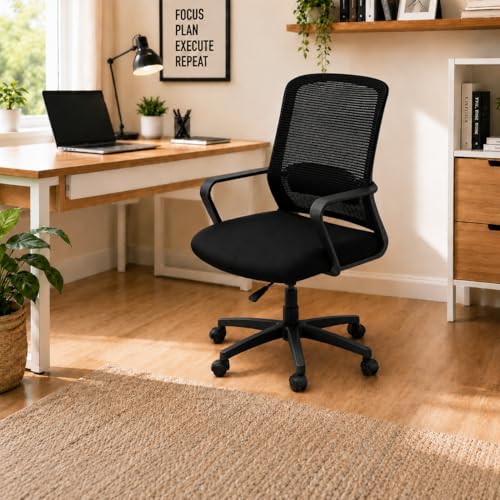 Image of Office Arm Chair with Frame, Mesh Back, Nylon Base, and Adjustable Handle, Cushion Fabric (Robo Chair-Black)