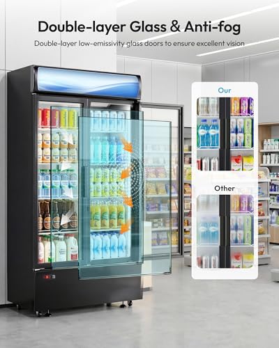 Image of 20 cu.ft Beverage Fridge, Commercial Refrigerators with LED Light, 2 Glass Door Drink Merchandiser with 8 Adjustable Shelves, 32-50F Digital Control ETL Certified Black