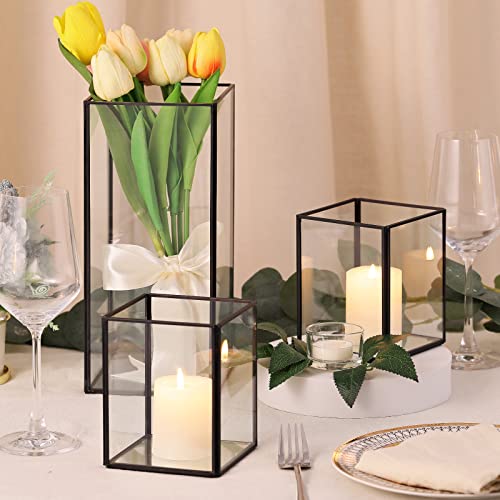 Lamorgift Glass Hurricane Candle Holders Set Of 3- Black Square Candle Holders For Pillar/Flameless Candles, Modern Cylinder Candle Holders For Wedding, Living Dining Room, Farmhouse Home Decor #TOP3