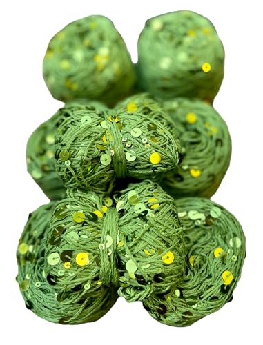 Green Royal Double Sequins Cotton Yarn, 10 Yards for Nuno Felting, Knitting, Set for Craft, Art Yarn, 6mm & 3mm Sequins Cotton Yarn4