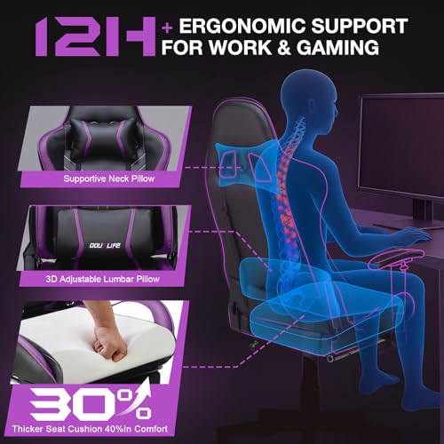 Image of Douxlife 7-Point Massage Gaming Chair with Footrest, 400lbs Heavy Duty Ergonomic Computer Chair, 175 Reclining High Back Racing Seat for Adults with Adjustable Armrests & Lumbar Support, Purple