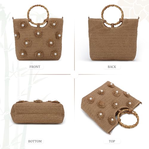 Bolso tote de paja para mujer con asa floral miniatura 5