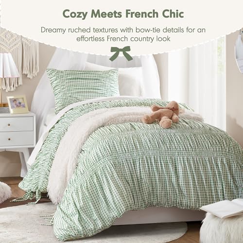 Image of Intelligent Design Ruched Shabby Chic Green Twin XL Comforter Set, 2pc | Girls Dorm Gingham Bedding Set, French Country, All Season Down Alternative, Cozy, Machine Washable, Lightweight, Breathable