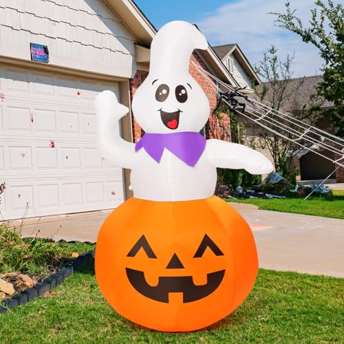 Image of GOOSH 5 FT Halloween Inflatable Cute Pumpkin Ghost Outdoor Decorations Blow Up Yard Ghost in Pumpkin with Built-in LEDs for Indoor Party Garden Lawn Decor