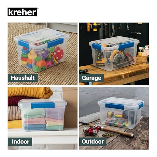 Kreher® Aufbewahrungsbox 18 Liter mit Deckel – wasserdicht & staubdicht, transparent & stapelbar, BPA- & schadstofffrei, robuste Kunststoffbox mit Silikondichtung & 4 Clips (2, 18 Liter)