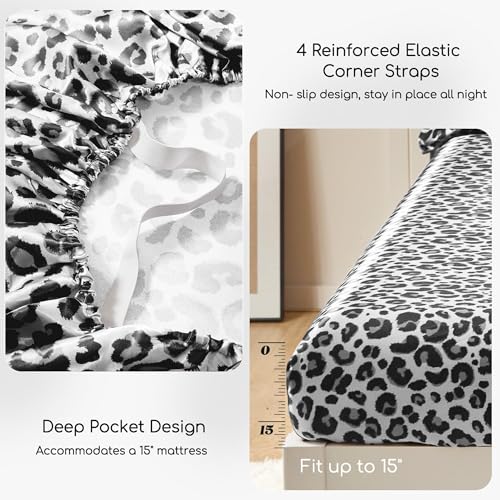 Image of MR&HM Satin Sheets with Elastic Corner Straps, Queen Size Sheets Set, 4 Pcs Silky Bedding Set with 15 Inches Deep Pocket for Mattress (Queen, White Leopard)