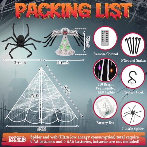Image of Halloween Decorations Animatronics Jumping Spider Lights Web, Gray-Black