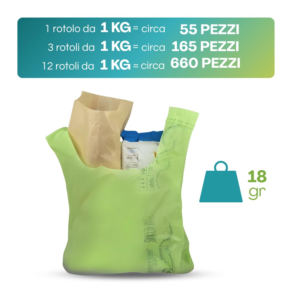3 Rotoli Di Buste Shopper Verde Biodegradabili - 165 Buste Per Raccolta Organica