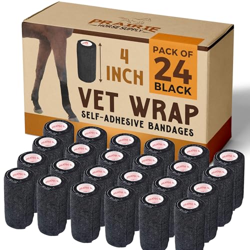 Image of Prairie Horse Supply 24 Rolls Black Self Adhesive Bandage Wrap 4 Inch Elastic Cohesive Vet Tape for First Aid, Medical, Sport & Animals Wound