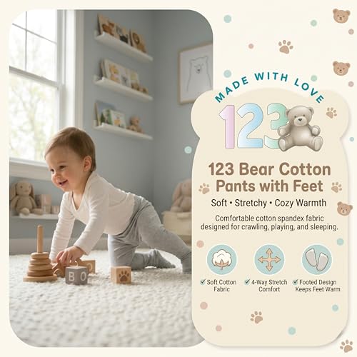 Image of 123 Bear Baby Soft Cotton Spandex Pants with Feet