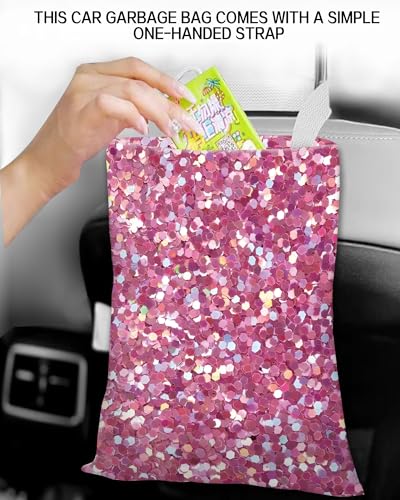 Image of Car Trash Can, Durable Hanging Car Trash Garbage Bag, Cute Automotive Garbage Cans Organizer, Cute Pink Glitter Pattern