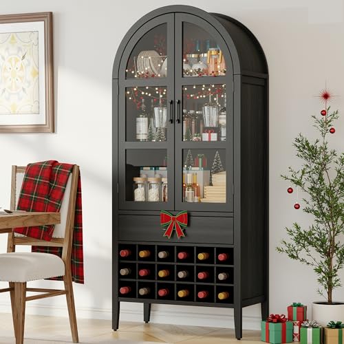 ONBRILL 71" Tall Arched Wine Bar Cabinet with Storage, Bar Cabinets with Doors and Shelves, Liquor Cabinet for Home, Kitchen Pantry for Dining Living Room (Black)