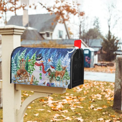 Image of Christmas Mailbox Cover Winter Mailbox Wraps Magnetic Standard Size 25x21 in Watercolor Xmas Tree Deers Snowman Post Letter Box Cover for Home Garden Outdoor Yard